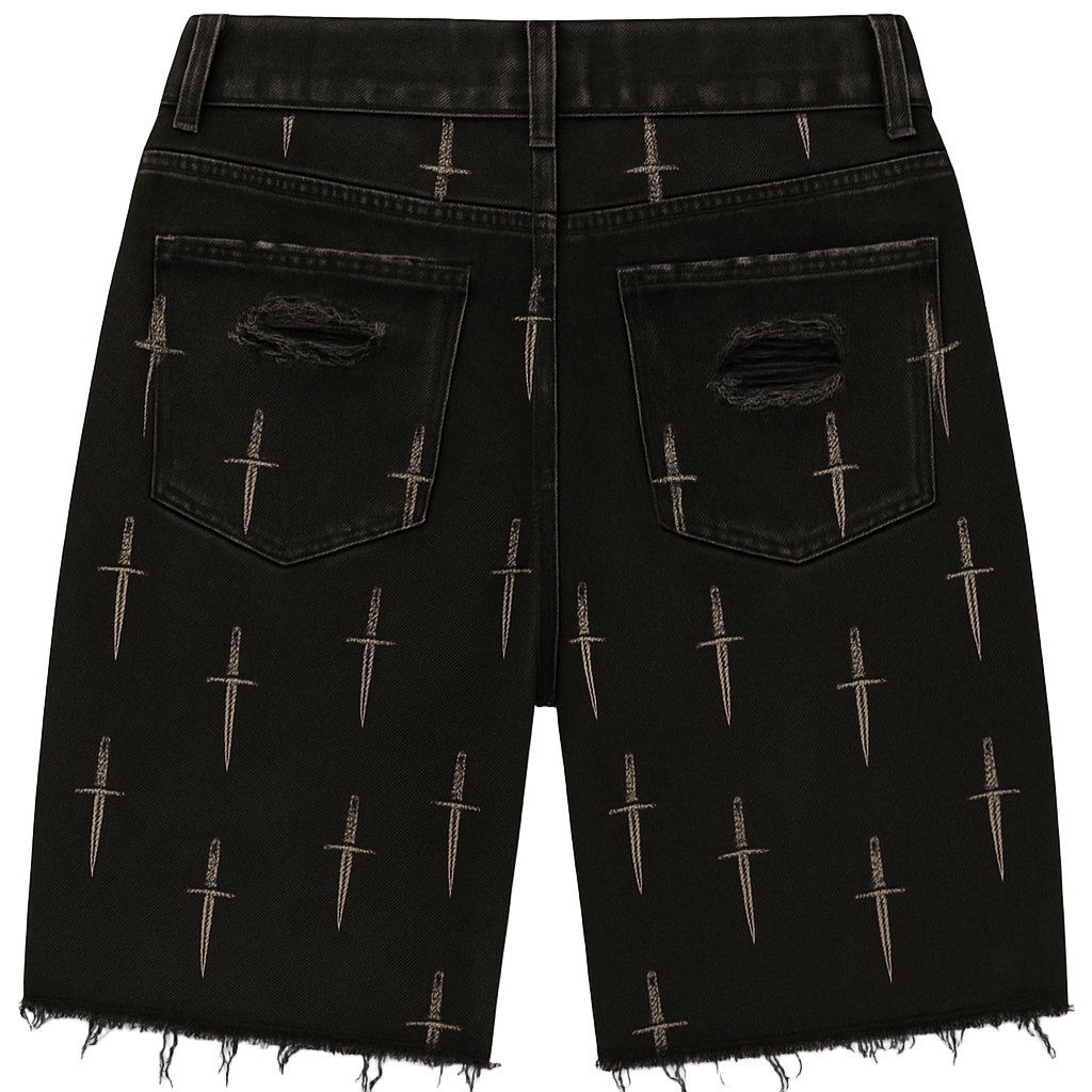 DIRTSMAN BLACK DENIM DAGGER SHORTS