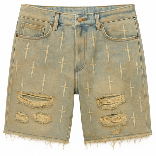 DIRTSMAN- BLUE WORN DENIM DAGGER SHORTS