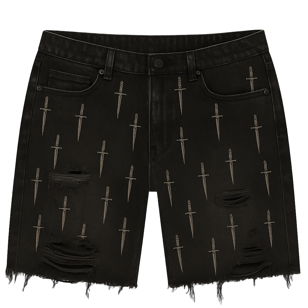 DIRTSMAN BLACK DENIM DAGGER SHORTS