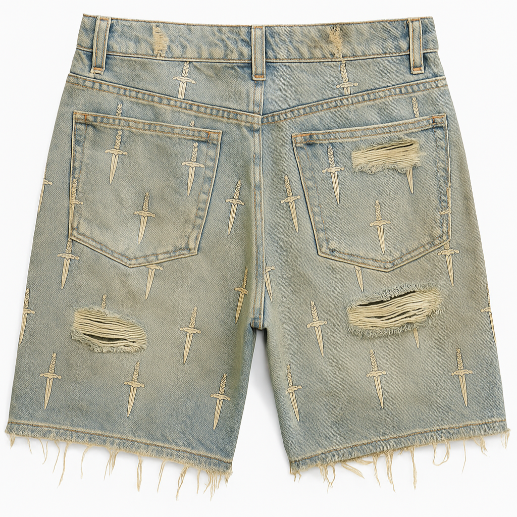 DIRTSMAN- BLUE WORN DENIM DAGGER SHORTS